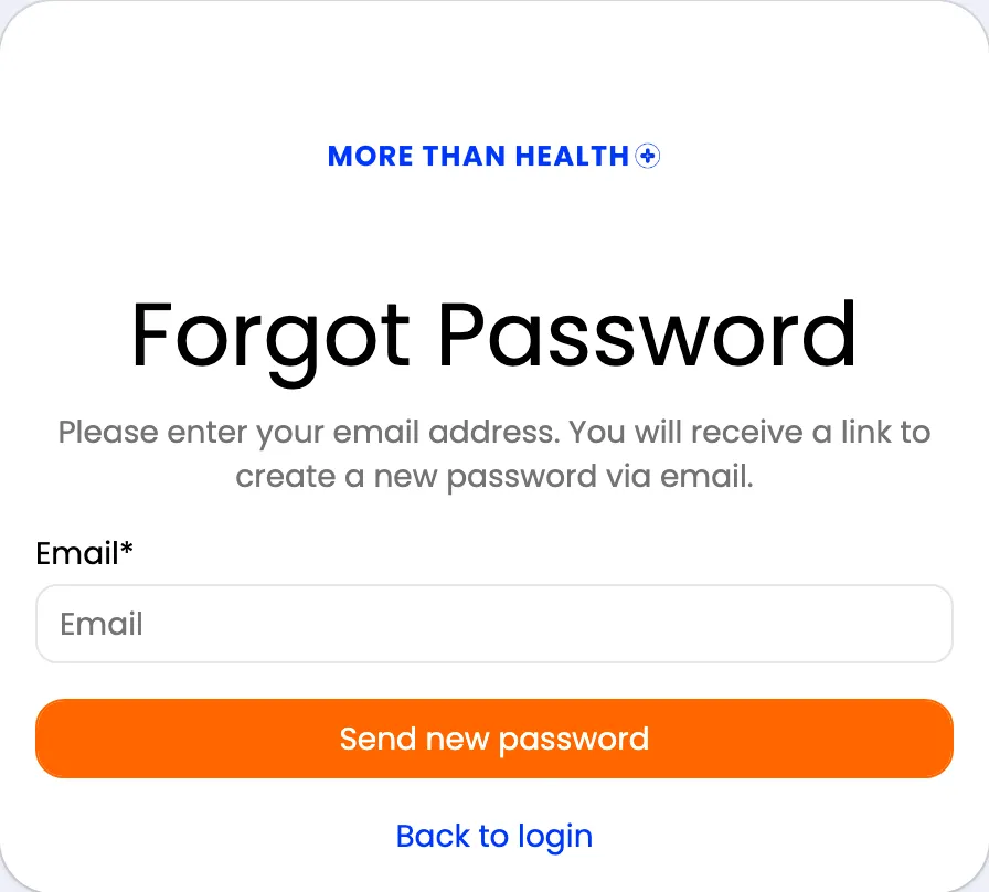 Siden Forgot Password med feltet Email og knappen Send new password