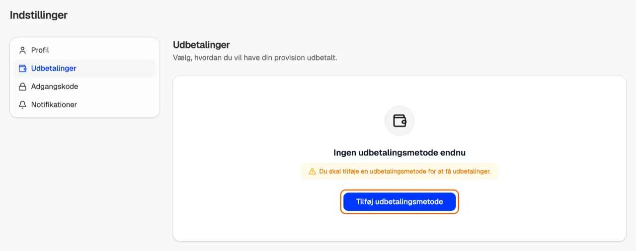 Siden Indstillinger med Udbetalinger, hvor knappen Tilføj udbetalingsmetode er markeret