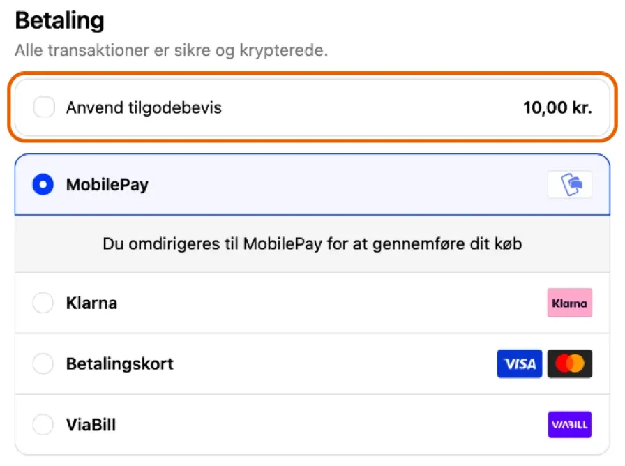 Betaling i shoppen, hvor linjen Anvend tilgodebevis med beløbet er markeret
