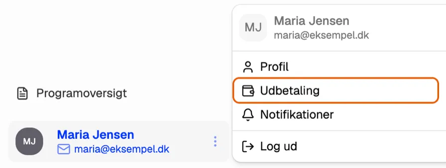Menuen under dit navn nederst i portalen, hvor punktet Udbetaling er markeret