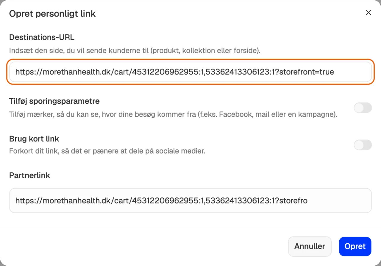 Vinduet Opret personligt link, hvor feltet Destinations-URL med kurvens adresse er markeret