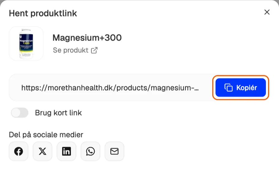 Vinduet Hent produktlink for det valgte produkt, hvor knappen Kopiér er markeret