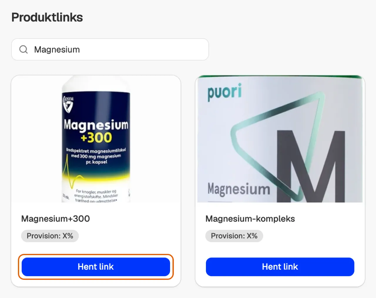 Siden Produktlinks, hvor der er søgt på magnesium, og knappen Hent link under det første produkt er markeret