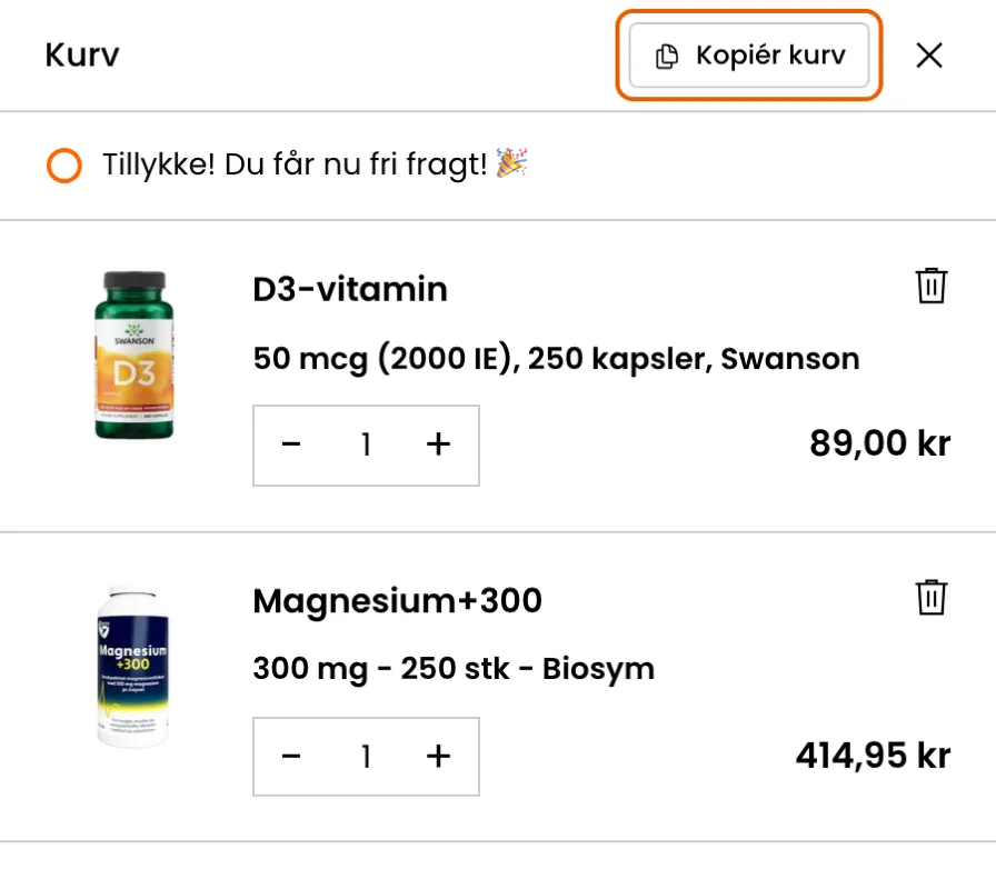 Kurven i shoppen med to produkter, hvor knappen Kopiér kurv er markeret