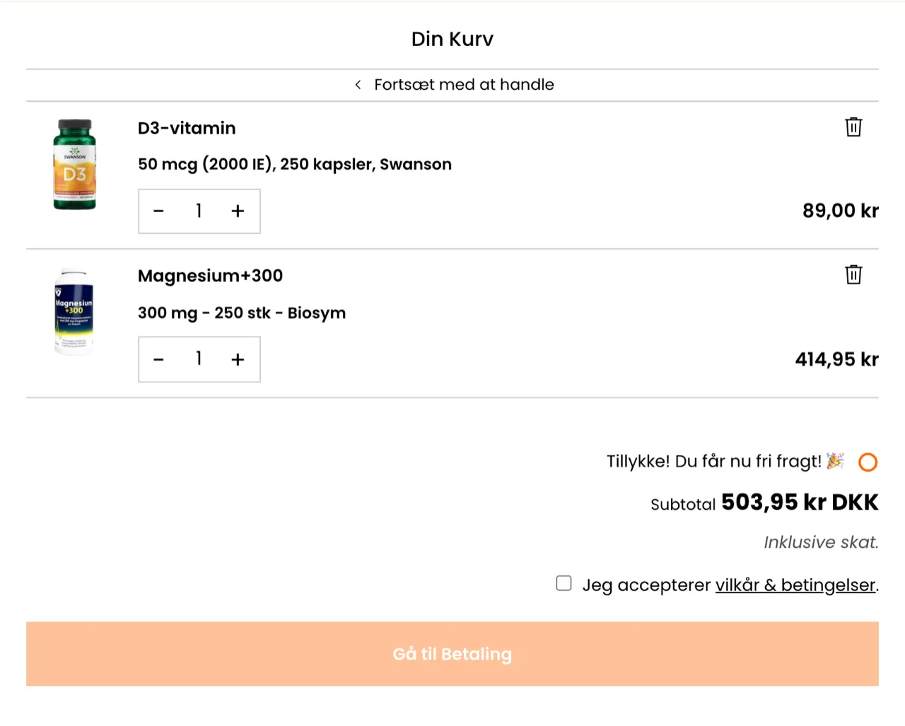 Kurven, som kunden ser den, med de to anbefalede produkter og prisen