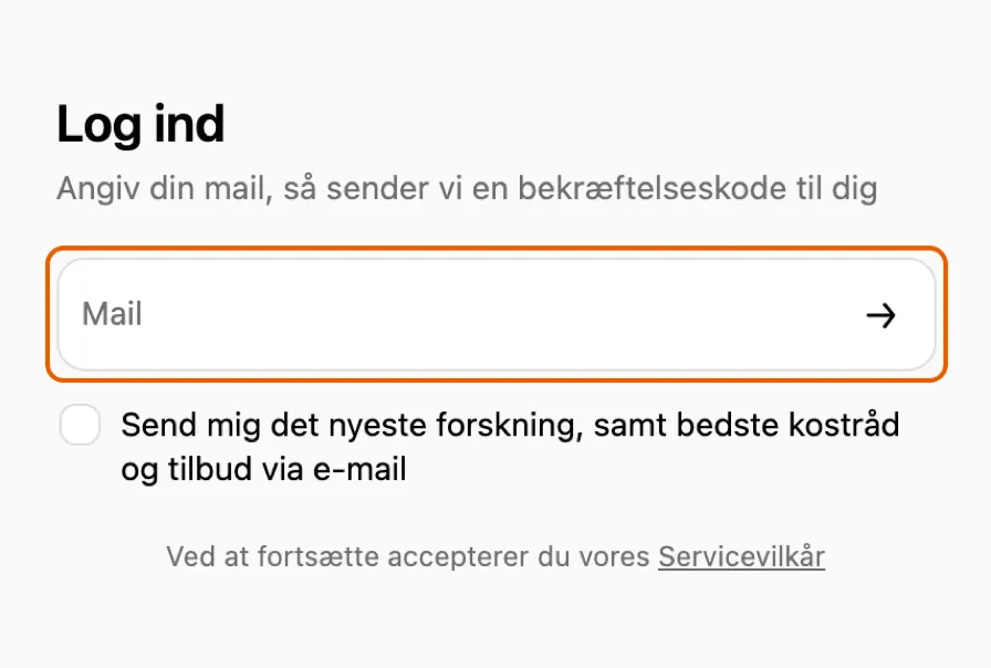 Shoppens loginside, hvor feltet Mail med pilen er markeret
